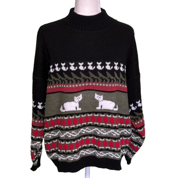 Vintage Private Eyes Women’s Black Grandma Knit Cat Sweater Size XL/2XL - Picture 1 of 4